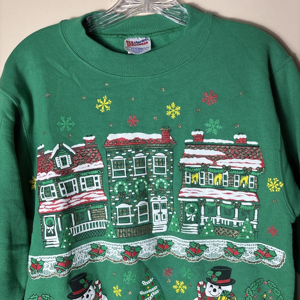 Vintage Hanes Green‎ Christmas Snowmen Village Holiday Size Small